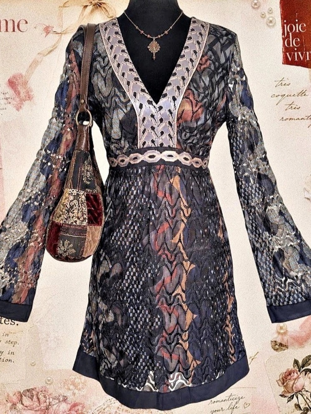 Hale Bob Boho Bell Sleeve Lace Mini Dress Medium
